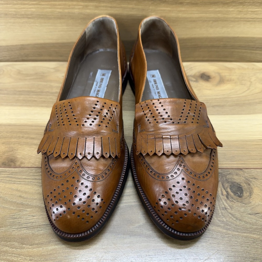 Bruno Magli Sheraton Wingtip Kiltie Loafers Mens 9 M Cognac Brown Perf Formal